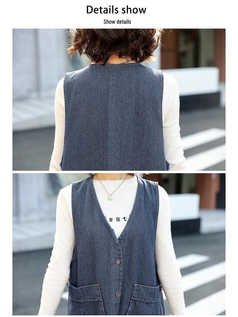 Women's Mid-Length Denim Vest Dress - 2022 Trendy Korean Style with Large Pockets for Spring and Autumn