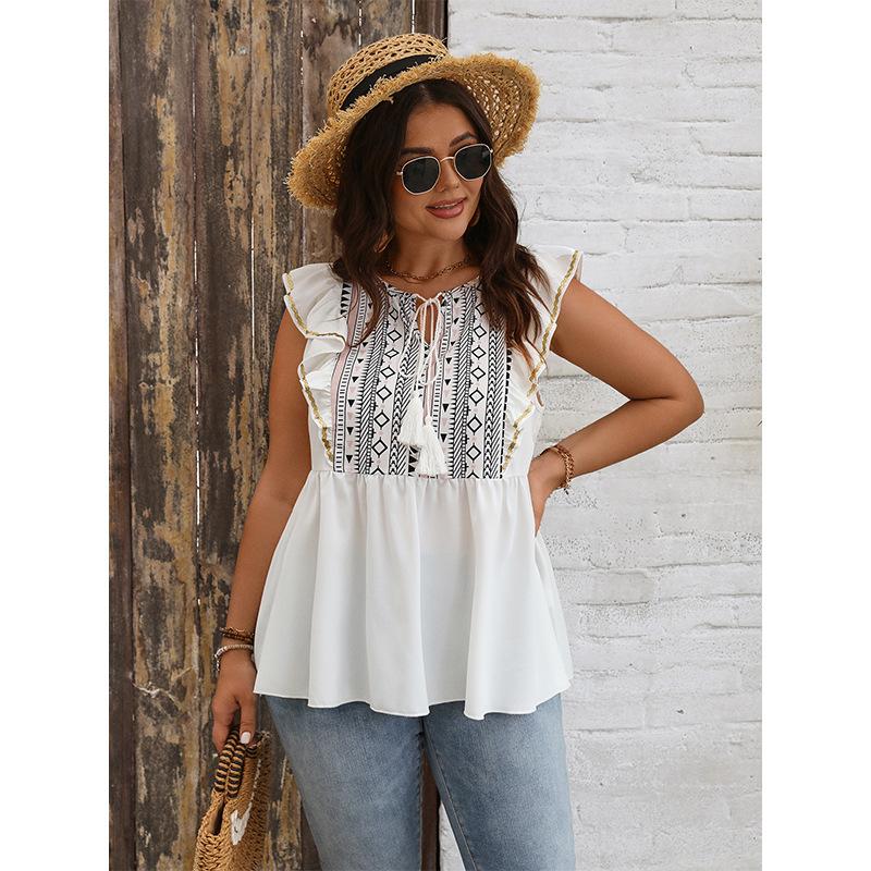 Women's Plus Size Summer New Baggy Slim Ruffled Patchwork Shirt