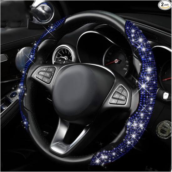 2 PCS Steering Wheel Cover, 15 Inches Crystal Diamond Bling Cover-Blue