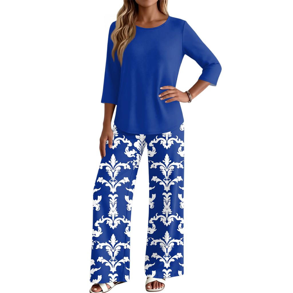 Women's Casual Loose Fit Two Piece Set Round Neck Three Quarter Sleeve Top and Wide Leg Printed Pants Lounge Outfit