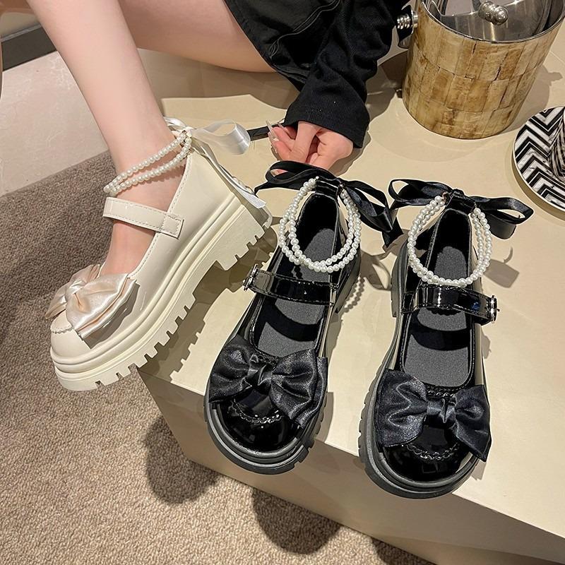 Mote Søte Damesko Sommerfuglknute Mary Jane Sko Perlekjede Sko for Kvinner Plattform Damesandaler Lolita Sko Zapatos De Mujer