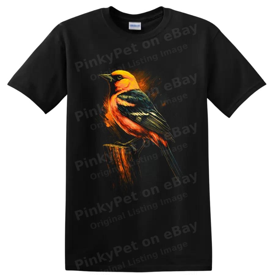 Baltimore Oriole Bird T Shirt Vibrant Orange Blue Perched Art Nature Graphic Tee