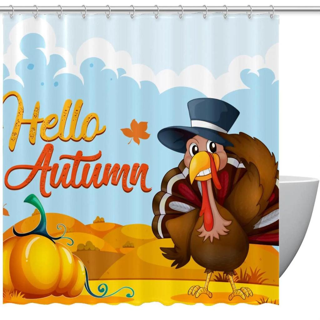 Thanksgiving Shower Curtain,Cartoon Turkey And Autumn Leaves Shower Curtain For Bathroom Decor Polyester Waterproof Bath Curtain