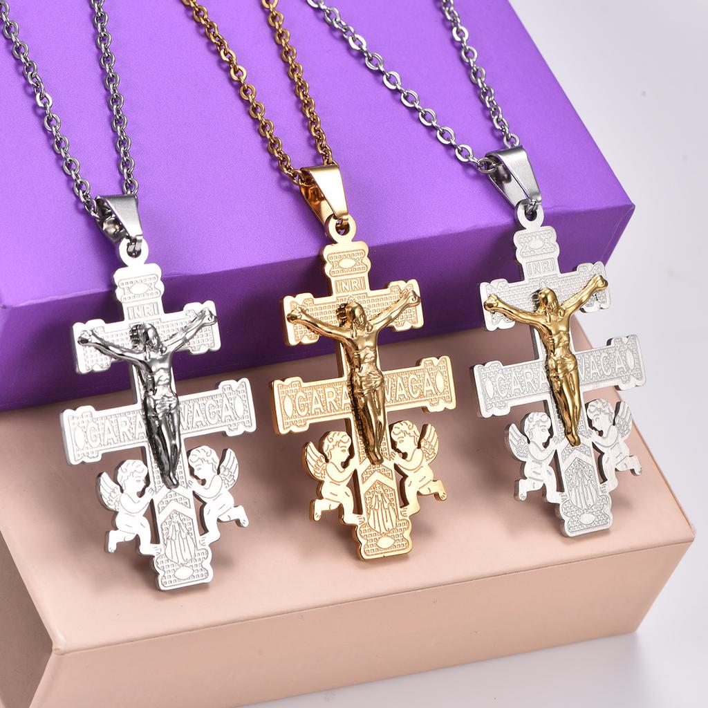 Retro Stainless Steel Little Angel Jesus Crucifix Cross Pendant Necklace Chain for Women Men Prayer Faith Charms Metal Jewelry