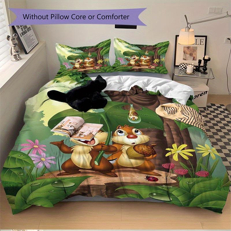 3pcs Cartoon Chip & Dale Print Bedding Set (1 Cover + 2 Pillowcases, Without Inserts) S007