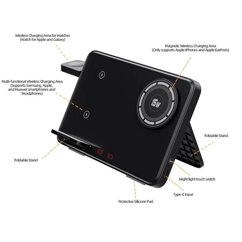 4-in-1 kabellose Ladestation mit LED-Nachtlicht, faltbar und schnellladefähig für iPhone, Samsung Galaxy, Apple Watch und AirPods 2