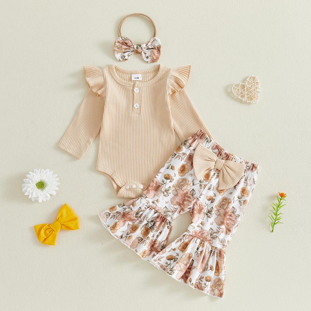 Citgeett Autumn Infant Baby Girls Fall Outfit Long Sleeve Romper Camo Floral Flared Pants Headband Casual Clothes