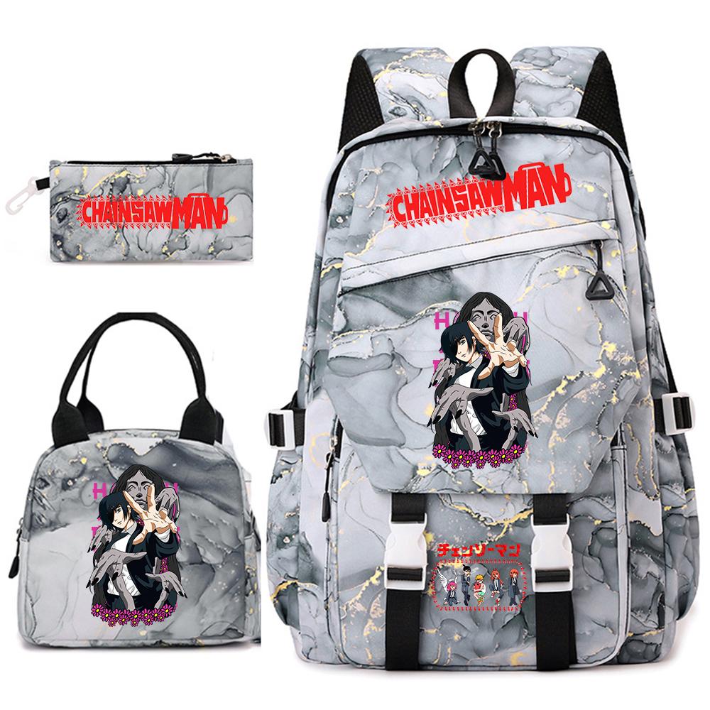 Chainsaw Man Anime Print Student Backpack Set for Girls with Lunch Bag Pencil Case School Daily Use