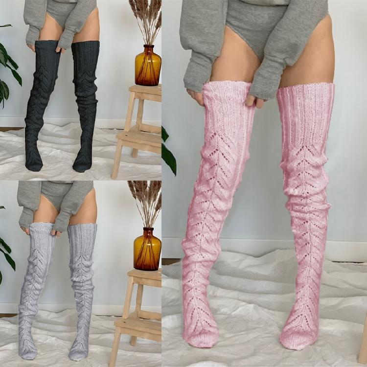 Damen Winter Beinwärmer Ausgestanzt Gestricktes Muster Oberschenkelhohe Stiefelsocken Einfarbige Über dem Knie Lange Strümpfe