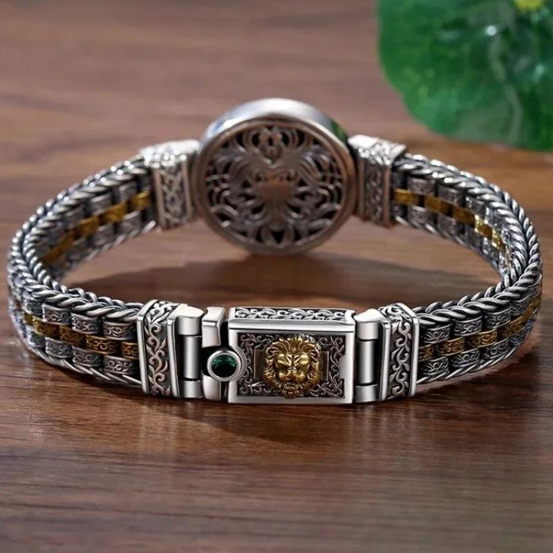 Factory Price S925 Sterling Silver Retro Men Hand-Woven Rattan and Grass Pattern Circular Color Blocking Trendy Bracelet Jewelry