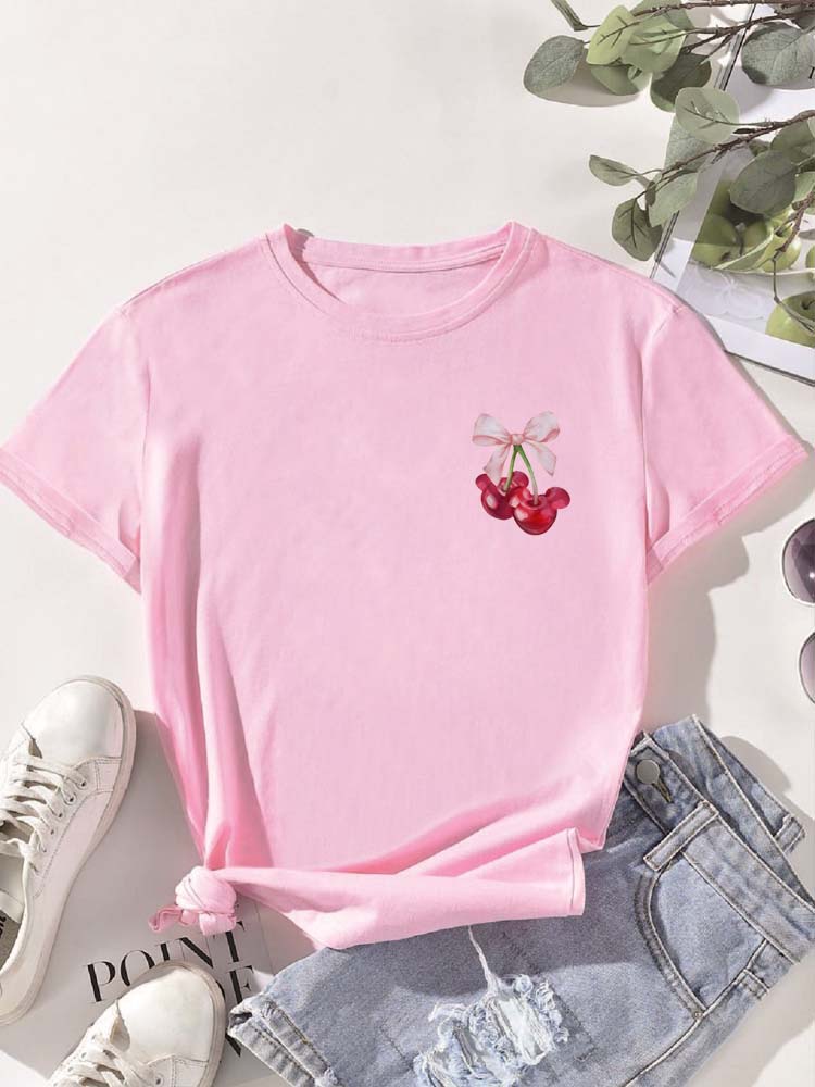 Ovely Style Fashion Summer Women Cherry Bow Print T Shirt Female Casual Top Tshirts Cartoon Graphic Tee T-Shirt