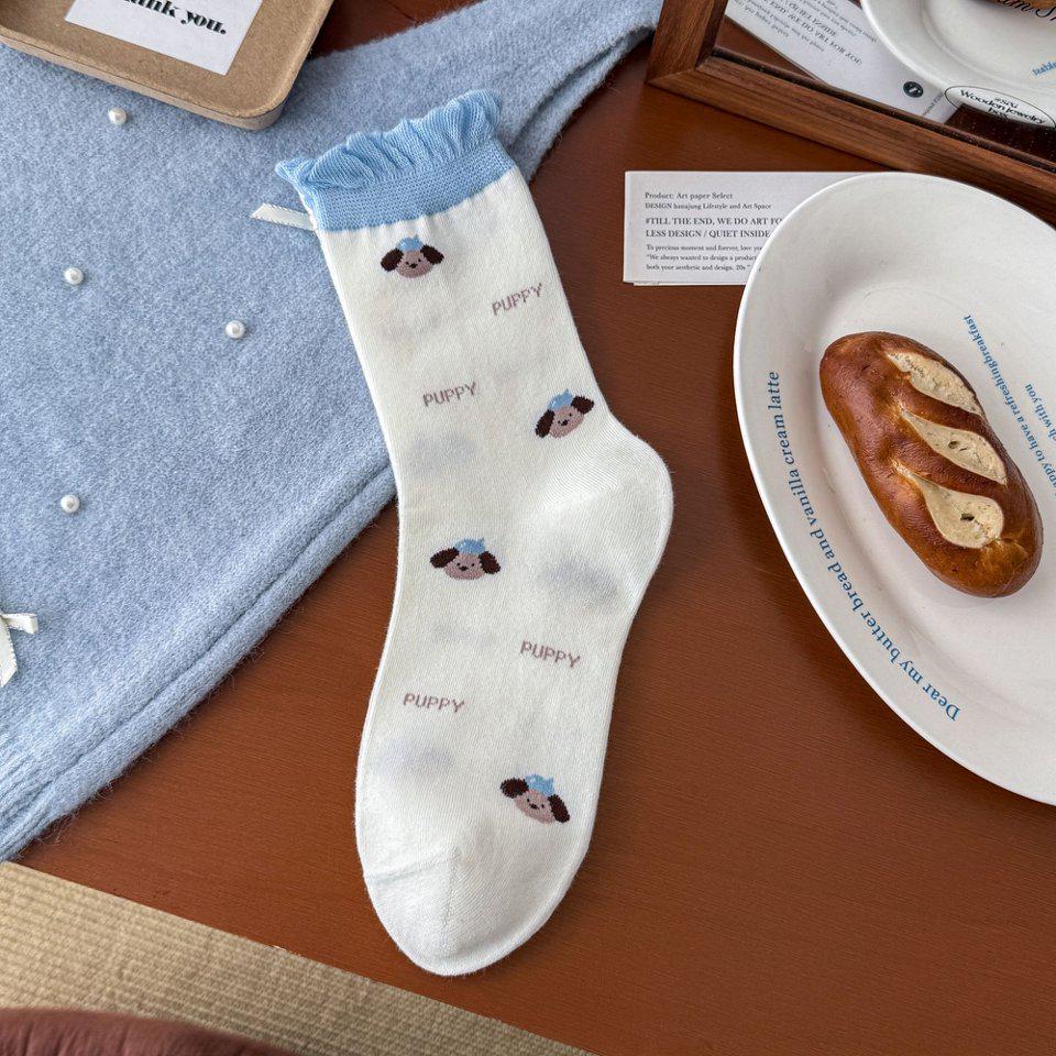 Forest-Style Puppy Cartoon Mid-Calf Cotton Women's Socks – Comfortable, Breathable, Embroidered, Seamless Slouch Design