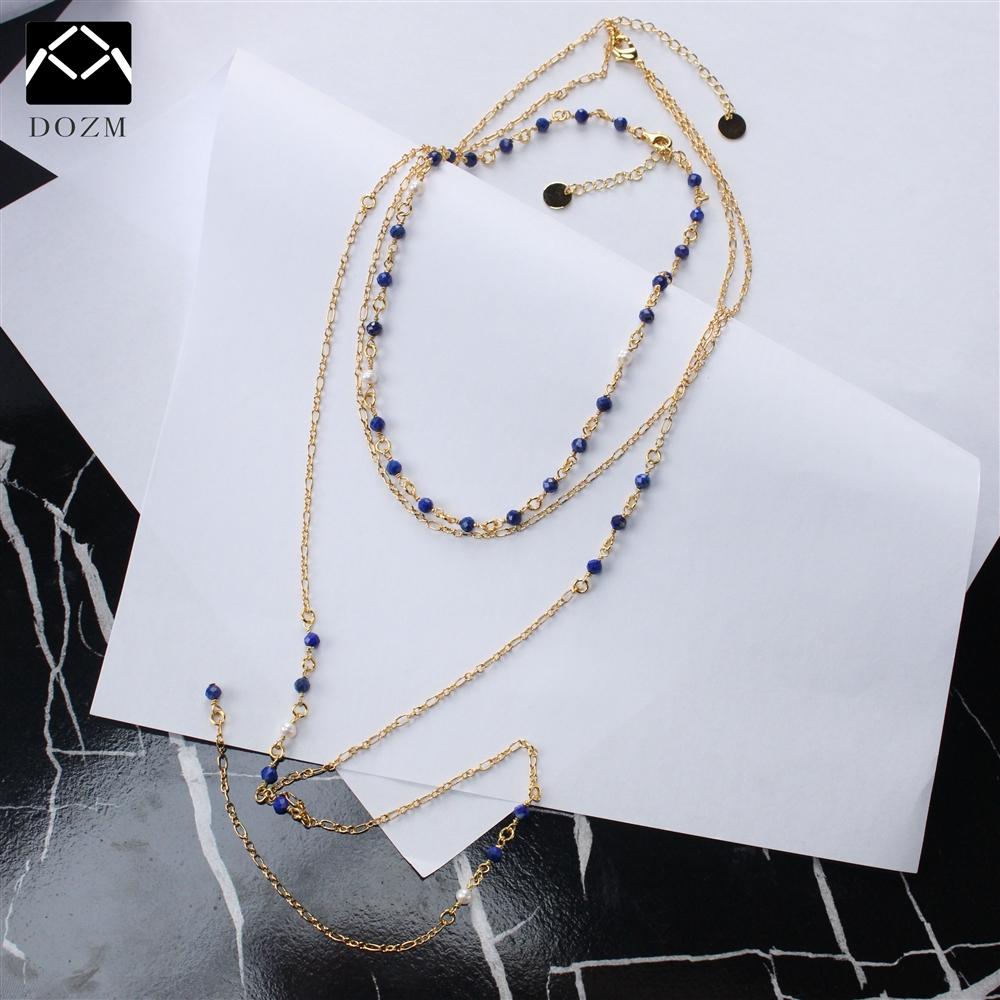 Blue Crystal Double Layer Necklace with Gold Plated Sweater Chain Trendy Unisex Party Occasion