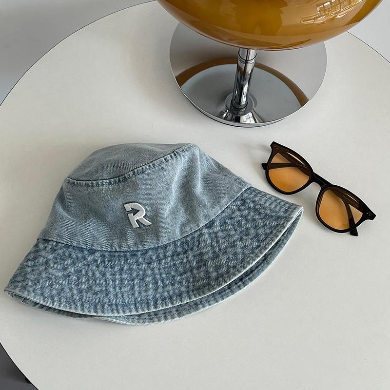 

Summer Denim Bucket Cap Women Simple Letter Fisherman Hat Unisex Cotton Sunscreen Panama Hats Outdoor Beach Caps