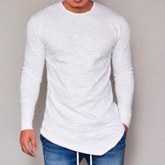 Herren T-Shirt Einfarbige Unregelmäßiger Saum Frühling Herbst Rundhalsausschnitt Langes Hemd für den täglichen Gebrauch