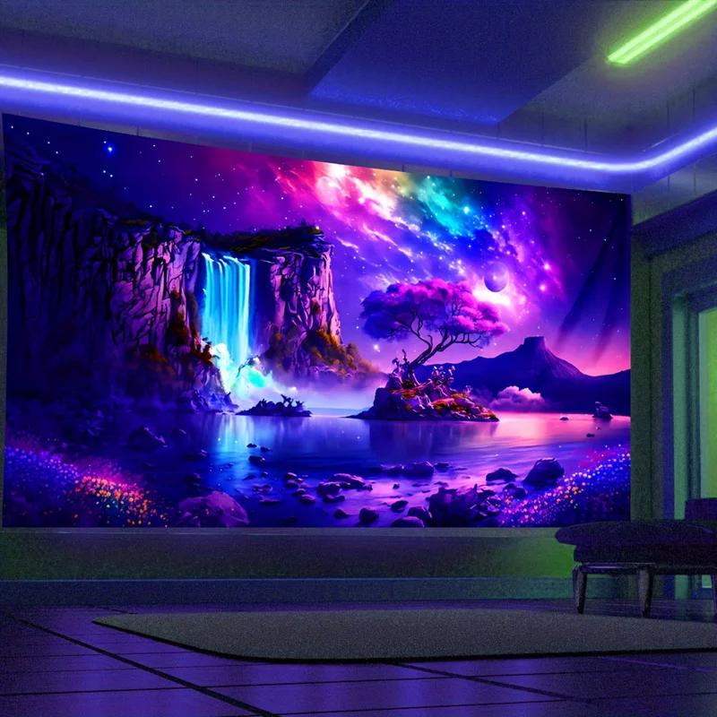 UV Reactive Galaxy Tapestry Blacklight Waterfall Fantasy Starry Sky Wall Hanging Decor for Bedroom Living Room