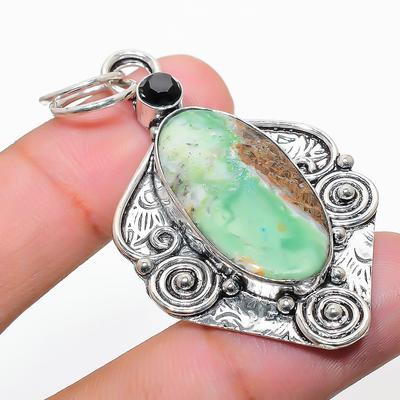 Natural Chrysoprase, Spinel Gemstone 925 Sterling Silver Pendant 2.29" O2r82