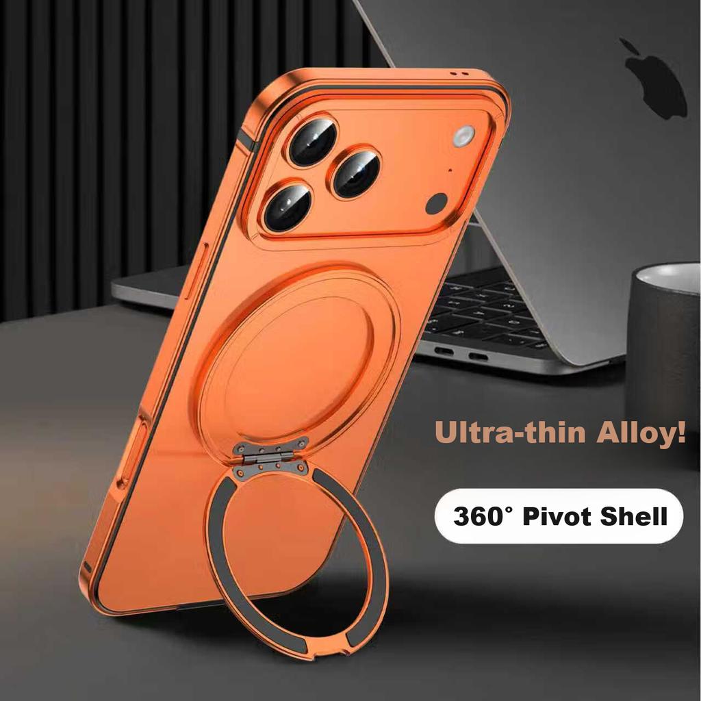 Alloy Frame Magnetic Rotating Stand Case for iPhone 17 Pro Max, MagSafe Compatible, Ultra-Thin Metal Premium Matte Anti-Drop Case - Orange