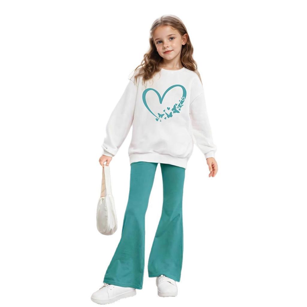 Girls Fashion 2-piece Set & Love Print Long-sleeved Sweatshirt + Bell-bottom Pants Suit - Fall Casual Suit for Kids