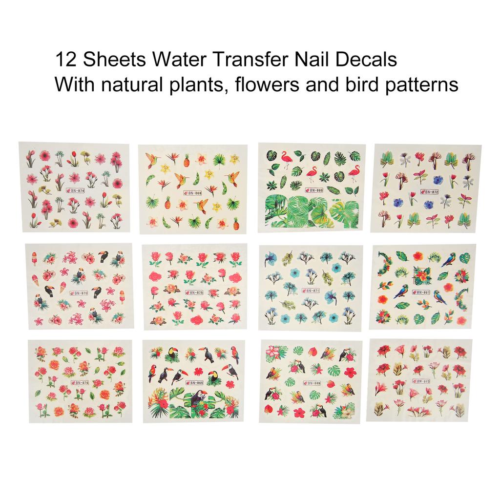 12 Sheets Nail Art Stickers Natural Plants Leaves Flowers Water Transfer Nail Decals for DIY Nails