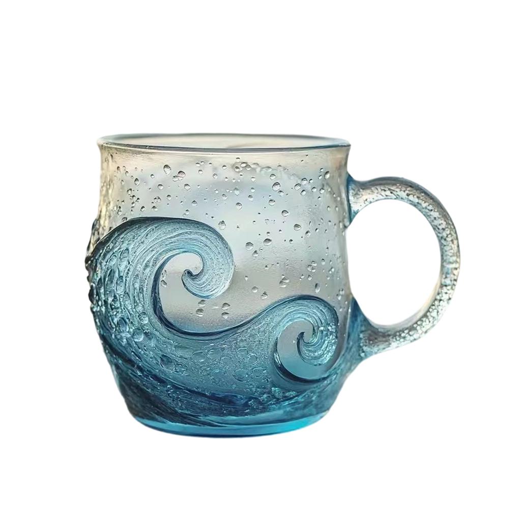 Einzigartiger Wasserbecher, Sonnenuntergangs-Becher aus Meeresglas, 350 ml handgeblasener Becher aus Meereswellenglas, strukturierte Meereswellen-Design