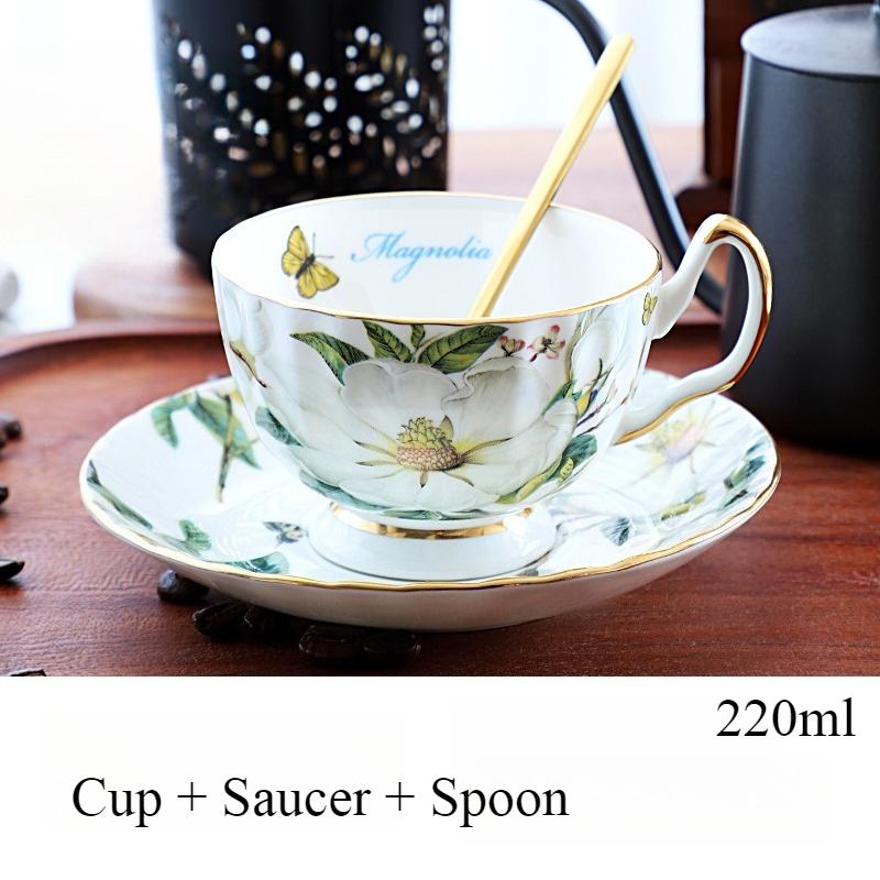 White Camellia Coffee Cup and Saucer Spoon Set 240ml Light Luxury Bone China Tea Cup with Gold Trim, Fine Porcelain Tea Sets for Home