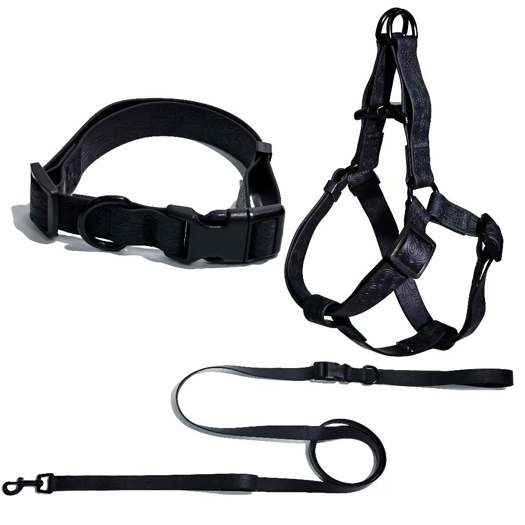 Waterproof PVC Dog Harness Leash Set 8-in-1 Hands Free Adjustable Embossed Texture Heavy Duty Pet Collar for Medium Large Dogs