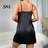 Vêtements de nuit élégants pour femmes, Robe de nuit en satin pour femmes, Chemise sexy à col en V, Robe de nuit complète avec jarretelles, Chemise de nuit à bretelles, Sans manches, Dentelle transparente, Mini