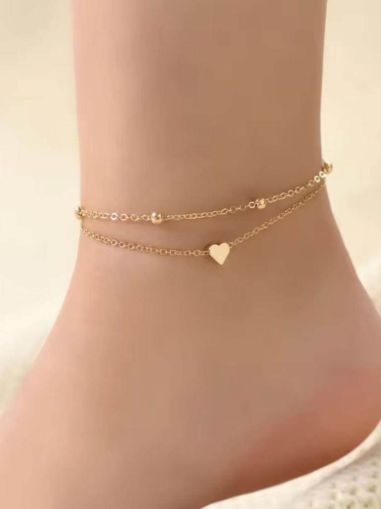 Single-piece Women's Gold Double-layered Heart Anklet, Simple Beach Foot Jewelry, Suitable for Beach Vacations and Leisure Activ