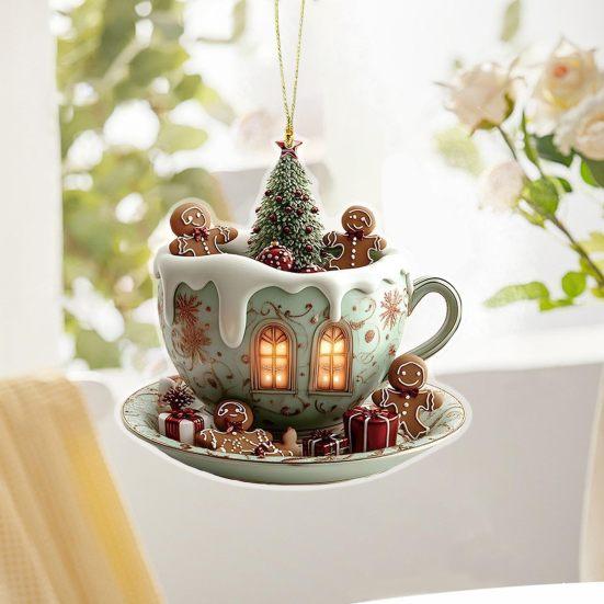 Yousheng 4 Pcs 2D Acrylic Christmas Ornament Cup Shaped Hot Cocoa Hanging Ornaments Snow Village House Xmas Tree Decoration for Tree Car Decor