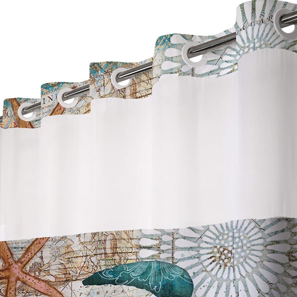 No Hook Blue Shower Curtain with Snap in Liner, Vintage Sea Turtle Bathroom Decor, Waterproof Fabric with See Through Top Window Open Grommet Bath