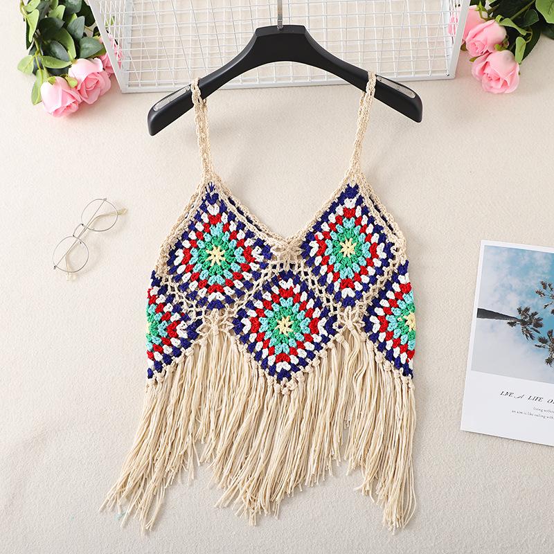 Summer Women's Camisole Ethnic Style Halter Pure Handmade Crochet Top Halter Bohemian Tassel Travel Holiday Vest