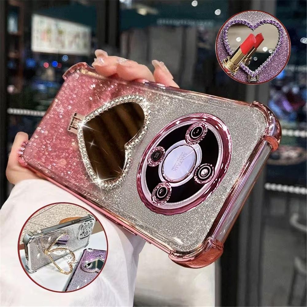 For Honor Magic 8 Lite Case Glitter Heart Mirror Holder Stand Phone Case For Honor Magic 8 7 6 5 Pro Lite Shockproof Soft Cover