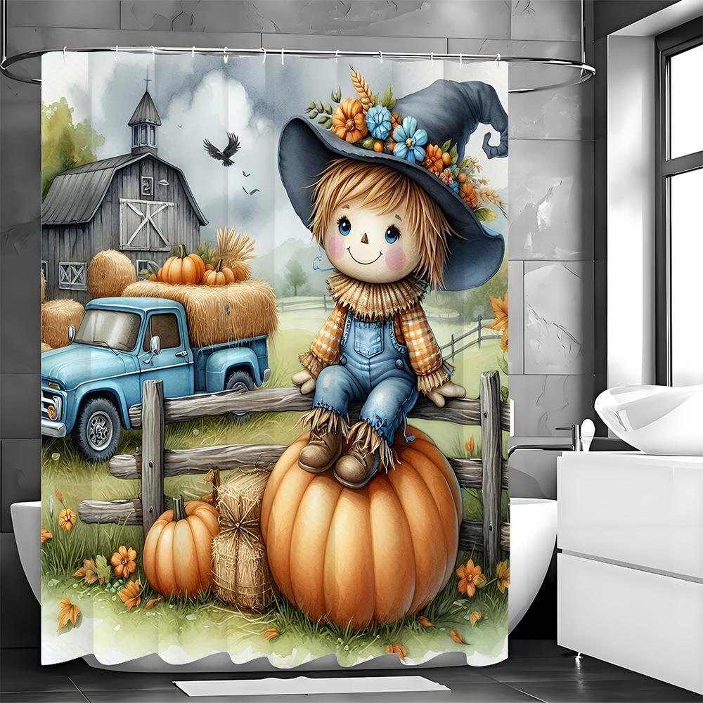 

Fall Harvest Season Pumpkin Scarecrow Farm Shower Curtain, Bathroom Decorative Shower Curtain, Waterproof Shower Curtain with Ho 90*180cm