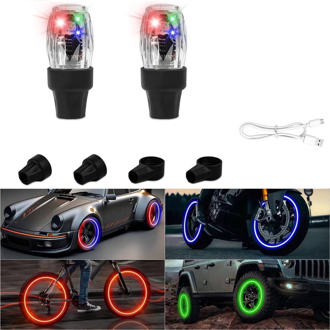 Светодиодные насадки на ниппель колес автомобиля, Светодиодные огни на колеса автомобиля, Светодиодные огни для автомобиля, Салонные светодиодные огни, Светодиодные огни на шины, с датчиками движения, Цветные светодиодные огни на шины, на ниппель, для 2 p