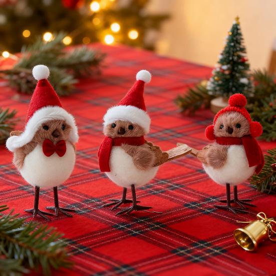 Cute Fluffy Plush Foam Bird Christmas Tree Ornament Simulated Bird Figurine with Red Hat And Scarf for Christmas Tree Mantel Desk Decoration