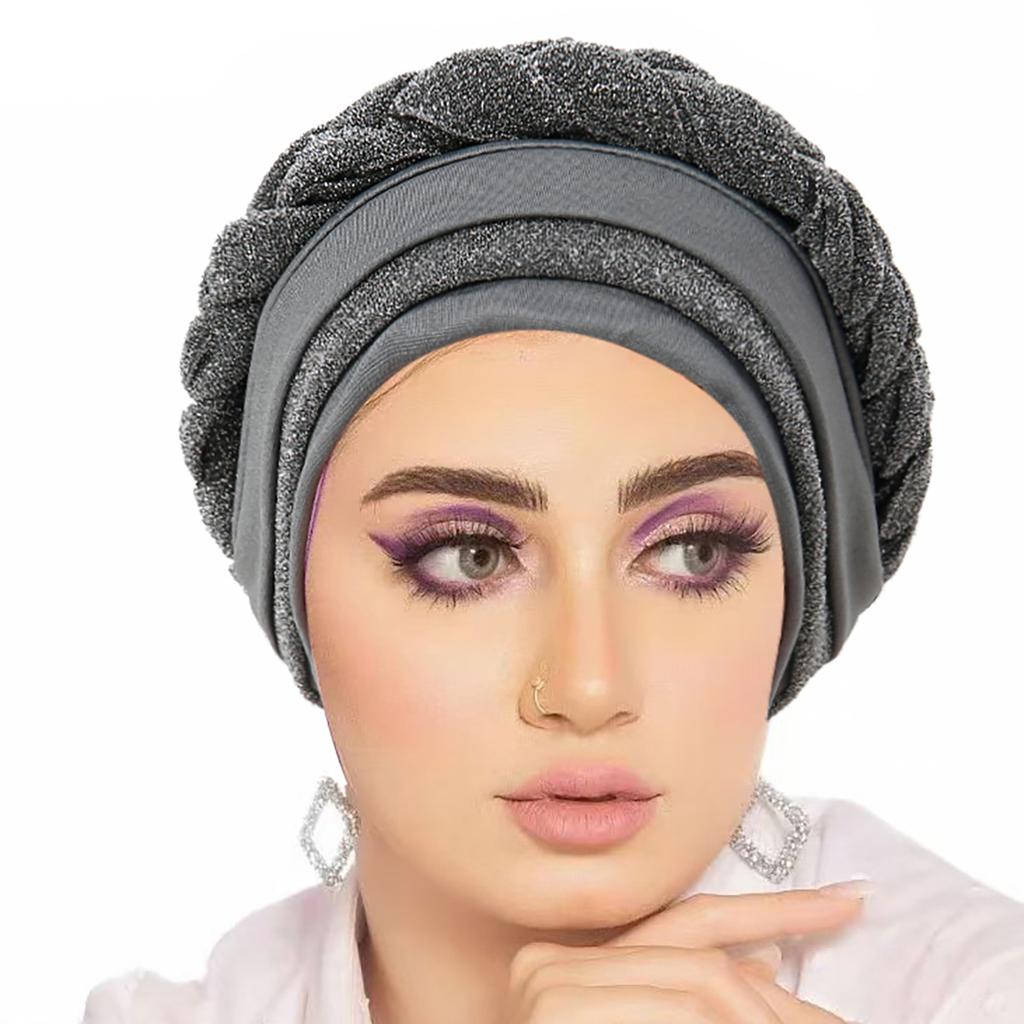 Glitter Pleated Turban Cap for Women Head Wraps Muslim Headscarf Hat Turbante Mujer African Headpiece