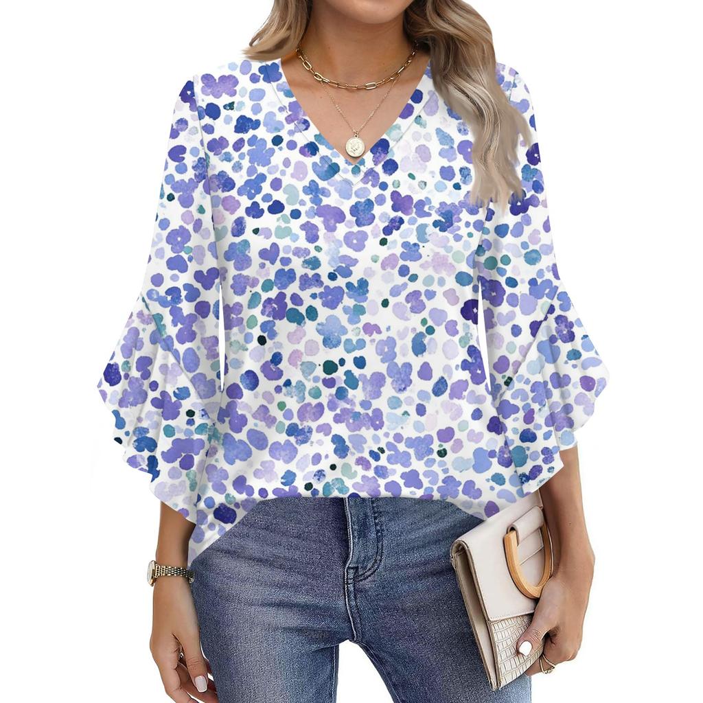 Blouses For Women Dressy Casual 3/4 Length Sleeve Womens Tops V Neck Tshirts Shirts With Flared Sleeve