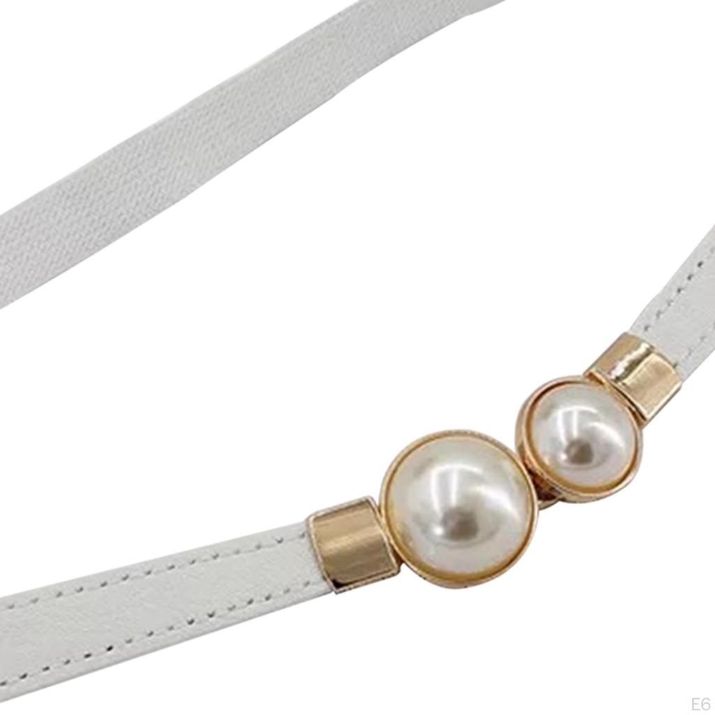 Double Pearls Buckle Waist Belt, Women Retro Elastic Skinny Belt for Dress