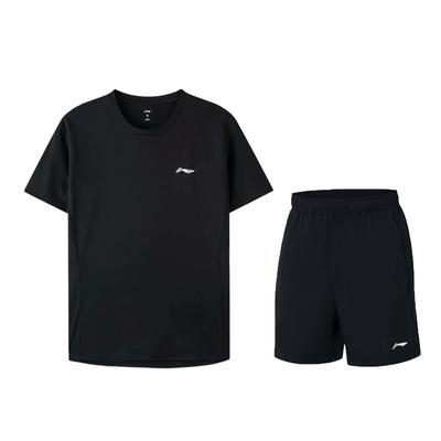 Solid Color Logo Round Neck Quick Dry Breathable Short Sleeve T-Shirt Sports Running Fitness Shorts Set Men Activewear YTST073-2+AKST633-1