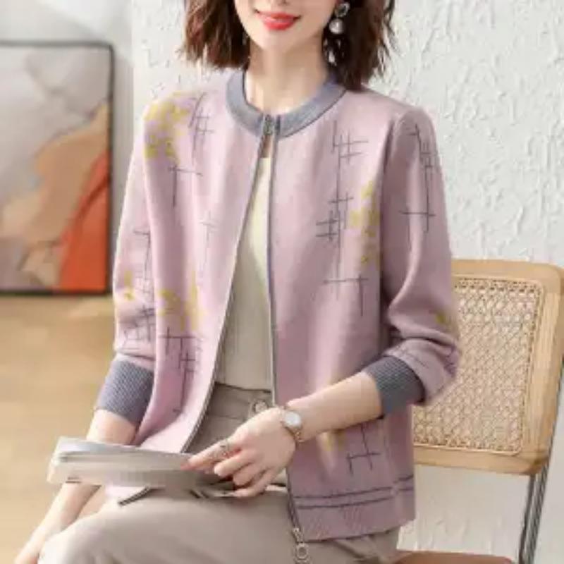 

2025 Новая осенняя женская трикотажная куртка с принтом, на молнии, модная, тонкая, с круглым вырезом L фиолетовый