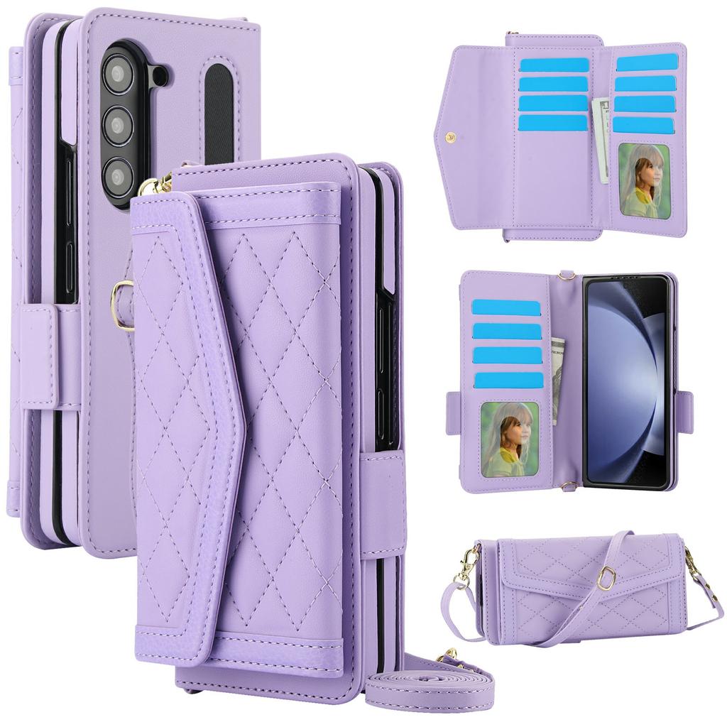 For Samsung Galaxy Z Fold5 5G Case Quilted Design PU Leather Wallet Phone Cover with Shoulder Strap