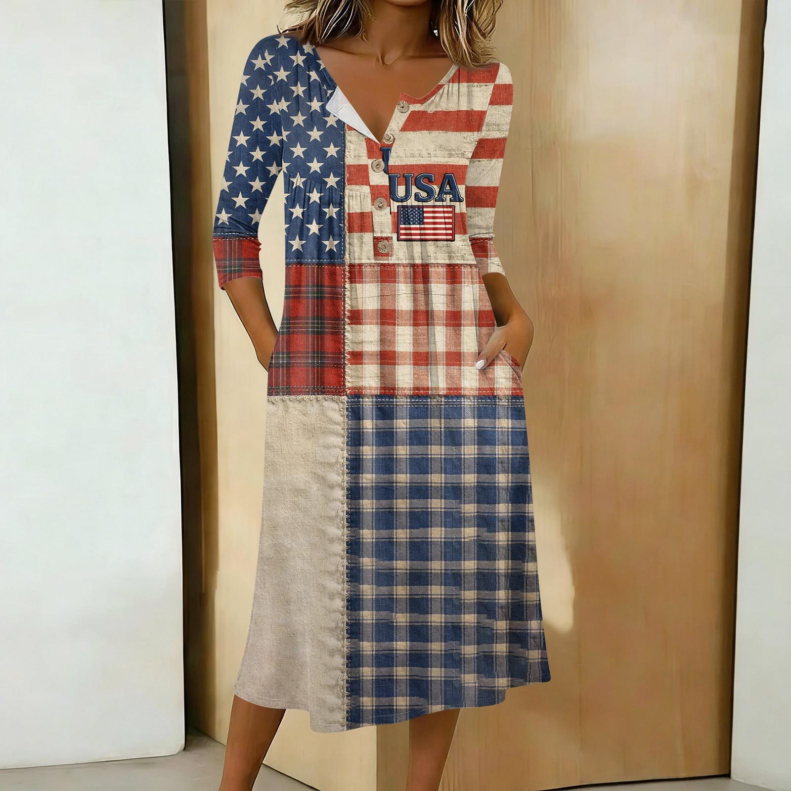 

Women s Casual 3/4 Sleeve Button-down Mid-length Dress XXL винний