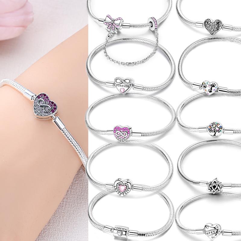 925 Silver Heart Charm Bracelet with Snake Chain for Women DIY Bead Jewelry
