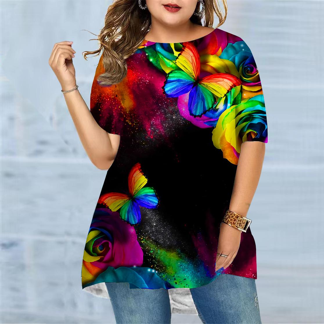 

Зручна жіноча літня футболка з принтом «Казкова країна метеликів» і круглим вирізом із короткими рукавами. Повсякденна мішкувата футболка середньої довжини 8XL червоний