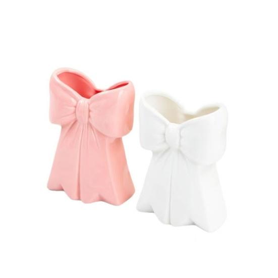 Pink White Bow Vase Decorative Bow-Shaped Vase Desktop Resin Pen Holder Makeup Brush Organizer for Home Office Bathroom Desk Decor