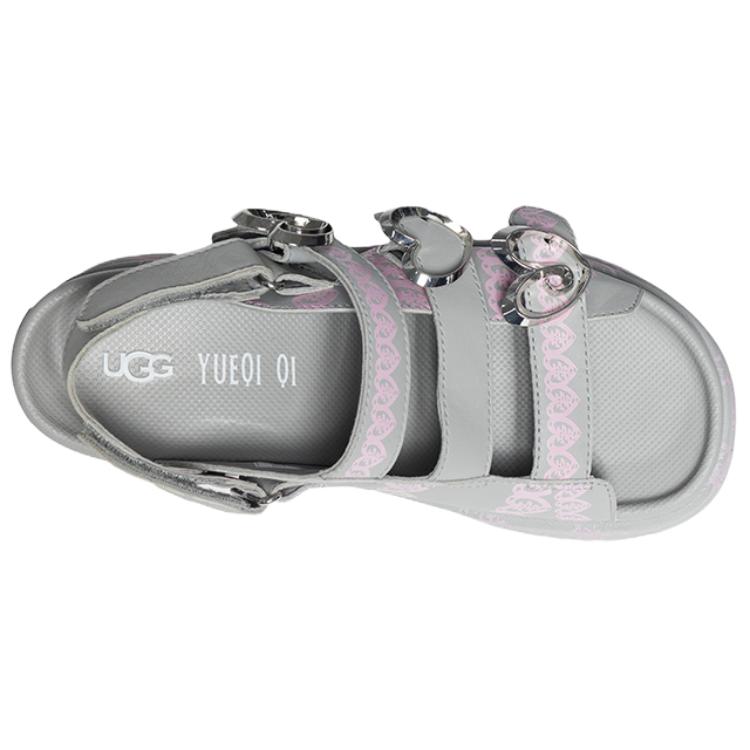 UGG Yueqi Qi X Leather Fashion Thick Sole Open Toe Shiny Gold Wedge Roman Sandals Women sandals Gray 1174810-GREY