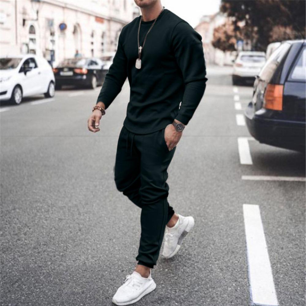 Men's Daily Casual Solid Color Long Sleeved Pants Round Neck Set