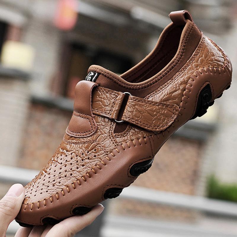 Men's Leather Crocodile Patterned Bean Shoes Hollow Breathable Large Size Octopus Shoes Brand Full Grain Leather Men Dress Shoes