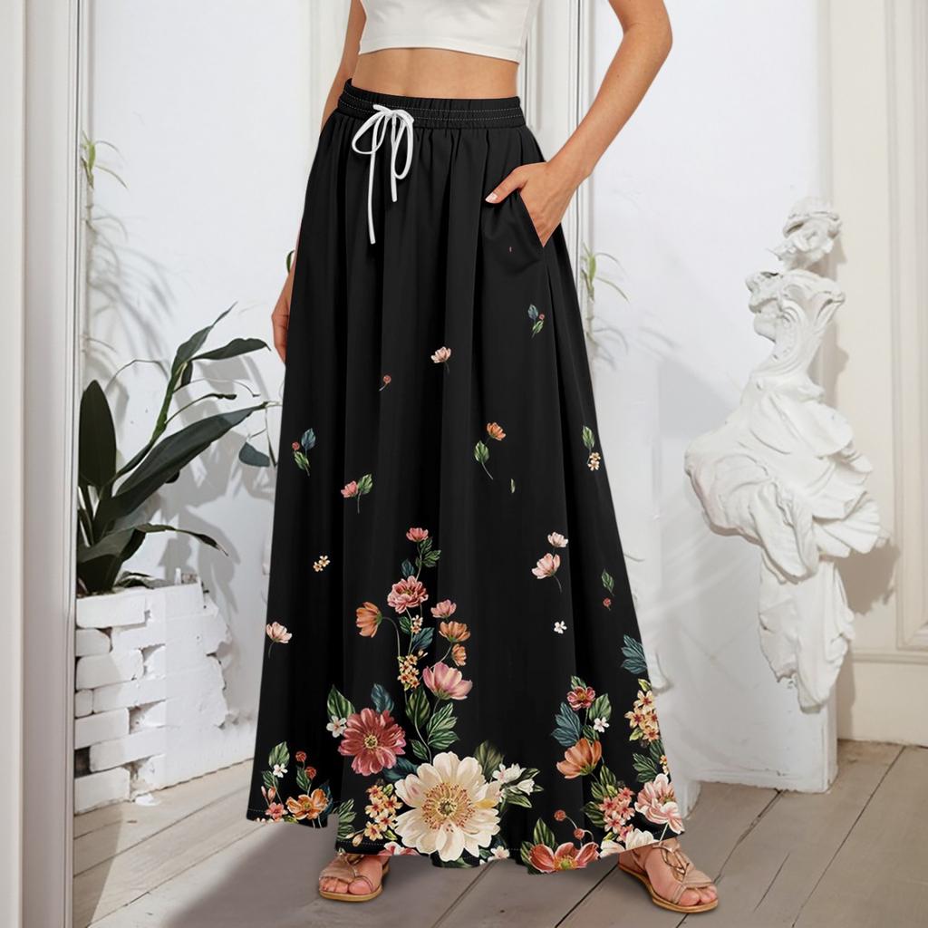 Women's Flowy Flared Ruffle Hem A Line Maxi Skirts Elastic Waist Elegant Tiered Layer Boho Long Skirts